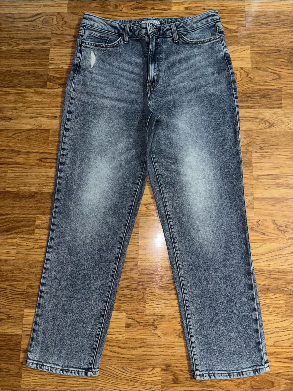 Sonoma High Rise Straight Leg Mom Jeans Women's Size 16 Distressed Stone Wash